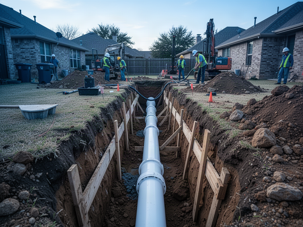 Illustrative excavation scene showing replacement of a residential underground sewer line